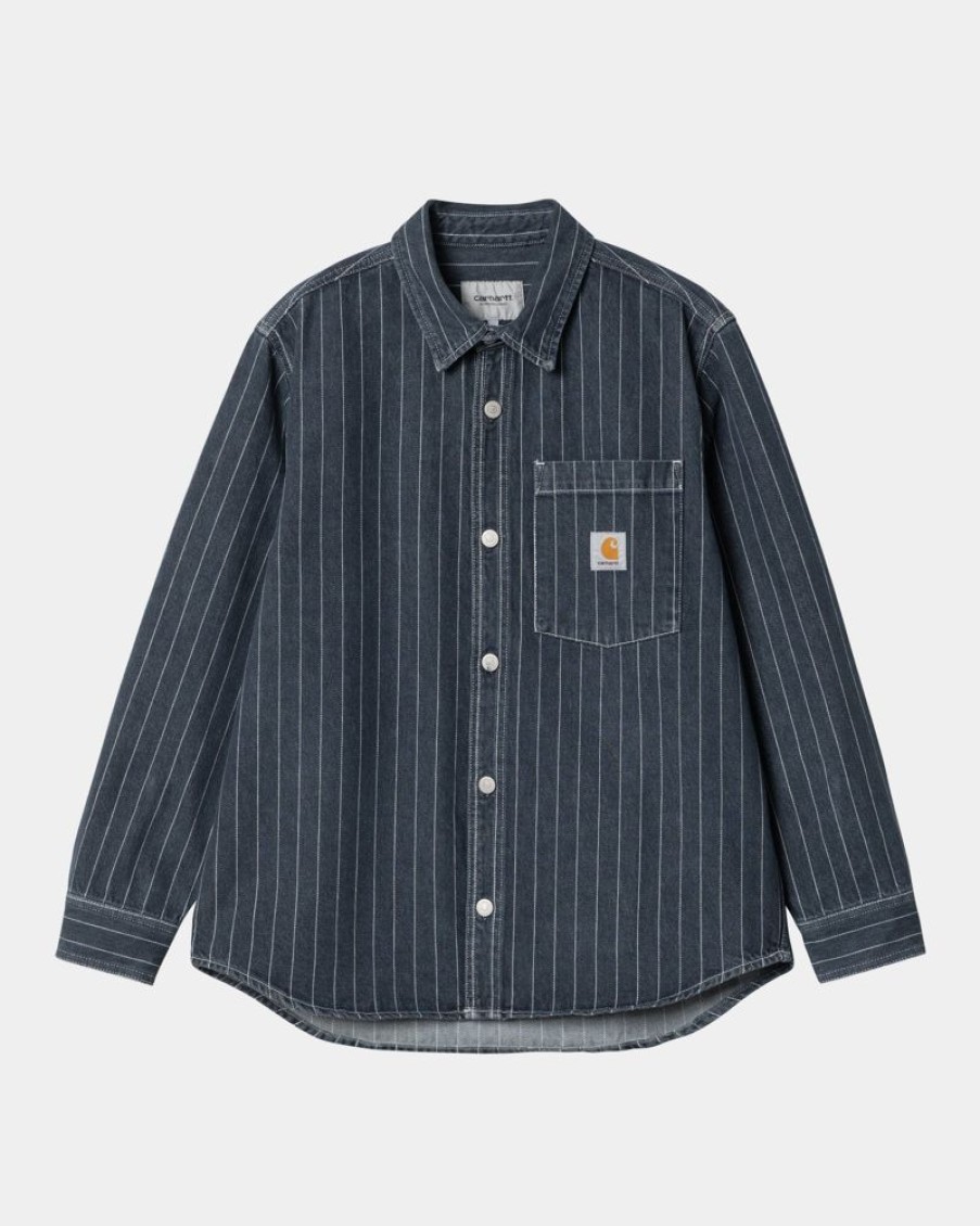 Maend Carhartt WIP | Orlean Stripe Skjortejakke | Bla/Hvid (Stenvasket)